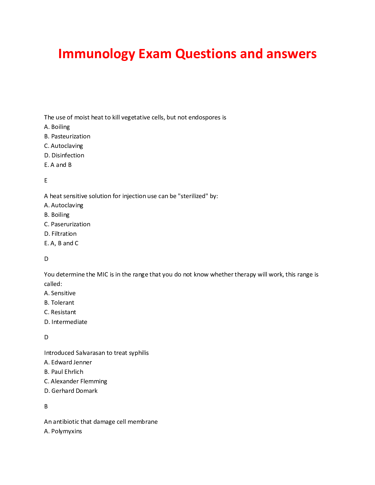 Preview image for Immunology Exam Questions and answers